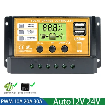 24 de envio 10A 20A 30A PWM Controlador de Carga Solar 12V 24V PV Painel Solar Regulador de Lítio, bateria de ácido-chumbo