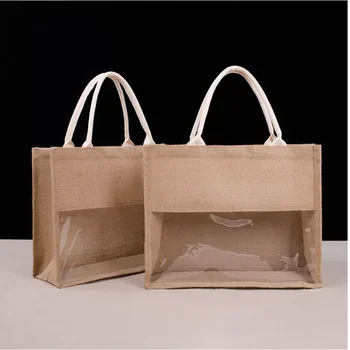 100Pcs Eco-Friendly Shopping Bag com Alças de Janela Clara Reutilizáveis Mercearia Sacos de Juta Aceitar Logotipo Personalizado