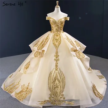 Ouro Querida Sexy Vestido de Casamento de Luxo Vestidos de 2023 de Alta Qualidade Fora de Ombro Brilho Vestidos de Noiva HM67024 Feitos