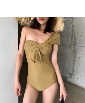 Sexy Estampado Com Um Maiô Mulheres Sólido Swimwear Um Ombro Monokini Almofada De Terno De Nadar Plissado Trikini Arco Maiô Pad