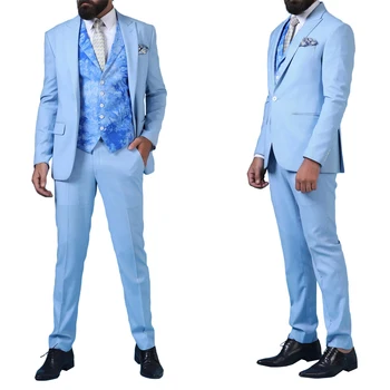 Azul os Homens de Ternos Feitos sob Medida para 2 Peças, Blazer, Calças de Um Botão, o Pico de Lapela de Negócios Slim Puro de Casamento do Noivo Adaptado Plus Size