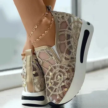 ouro sapatos de Verão, de malha sapatos de Mulher Plataforma de Mulheres Sapatas de Deslizamento das Mulheres Grossa Sola de Sapato Feminino Chunky Salto Vulcanizada sapatos de 10