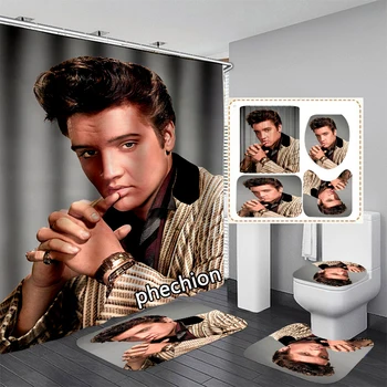 phechion Nova Moda de Impressão 3D Elvis Presley Cortina de Chuveiro Impermeável Cortina de Banheiro antiderrapante, Tapete de casa de Banho Conjunto de Banheiro, Tapetes VR289
