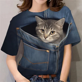 Verão Impressos em 3D Moda feminina Gatinho Imprimir T-shirt Menina Kawaii T-shirt O Colarinho Animal Harajuku Camisola de Manga Curta Camiseta