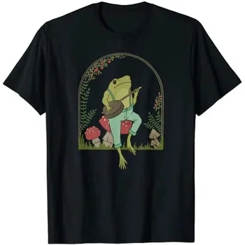 Cottagecore Estética Sapo Tocando Banjo no Cogumelo Bonito T-Shirt Engraçada Grunge Estilo Graphic Tee Top de Manga Curta Roupa das Mulheres