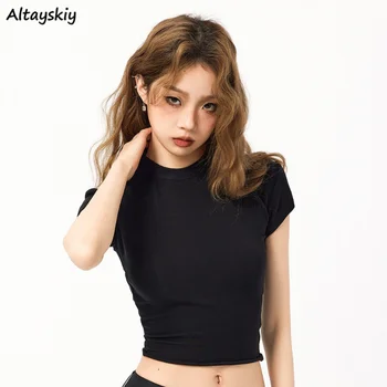 Sólido básico T-shirts Mulheres Sexy Slim coreano Moda Crop Tops Streetwear Chique de Verão, de Manga Curta Kpop Vintage Alunas Jovens
