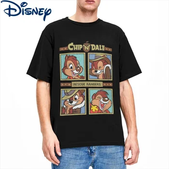T-Shirt masculina Disney Bonito Retro Esquilos Detetives Exclusivo de 100% Algodão, Camisetas de Manga Curta Chip e Dale, T-Shirt Gola Tops