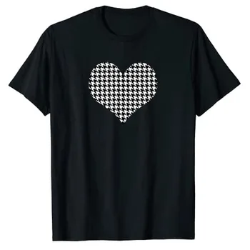 Preto Branco Houndstooth Projeto Do Teste Padrão Do Coração Das Mulheres Meninas T-Shirt Engraçada Amor Tee Gráfico Tops De Verão, A Moda De Blusas De Manga Curta
