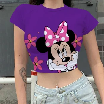 De Disney do Rato de Minnie do Retro O Pescoço de Manga Curta T-Shirt 2022 Novo Senhoras Slim Fit T-Shirt Skinny, T-Shirt de Verão Vintage S-3XL