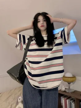 Deeptown coreano Streetwear Listrado T-Shirts Mulheres Kpop Harajuku Tops Gráfico Hiphop Shirts para Mulheres Grunge Casual Tees de Verão