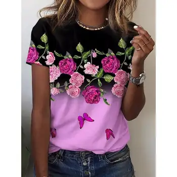 Mulheres 3D T-shirt Brilhante Flor Padrão de 2023 Verão Nova-coreano Moda de Rua Gola Redonda, Manga Curta Impresso Casual Camisa