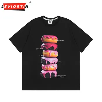Harajuku Homens grandes dimensões do T-Shirt Letra em inglês de Impressão de Camisetas Hamburger Tops Gráfico Tees Moda Casual High Street Streetwear