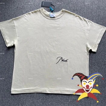 Rhude Vintage T-Shirt Homens Mulheres 1:1 Melhor Qualidade Logotipo Simples Oversize de Manga Curta T-shirt