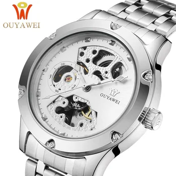 OUYAWEI relógio de Pulso Mecânico para Homens da Marca de Luxo Esqueleto Branco Automático Homem Relógios Relógio Masculino Moda Relógio Militar