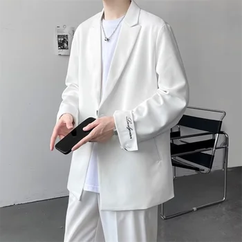 Bordado Branco, Paletó De Primavera Outono Coreano De Moda Único Botão Casual Terno Masculino Streetwear Solta Preto Blazers