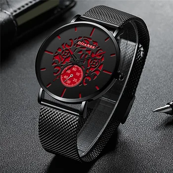 Moda Mens Esqueleto de Relógios de Luxo Ultra-fino de Malha de Aço Inoxidável Correia de Quartzo relógio de Pulso dos Homens de Negócios, Relógio relógio masculino