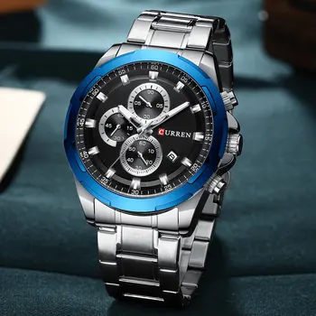 Moda Cronógrafo de Luxo CURREN dos Homens de Aço Inoxidável Relógios de Negócios do Esporte Impermeável Relógio de Quartzo Mens Auto Data do sexo Masculino Relógios