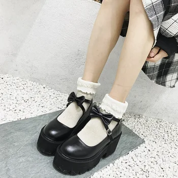 Japonês Sweet Lolita Princess Sapatos De Laço Bonito Cabeça Redonda Preto À Prova D'Água De Plataforma Faculdade Mulheres Sapatos