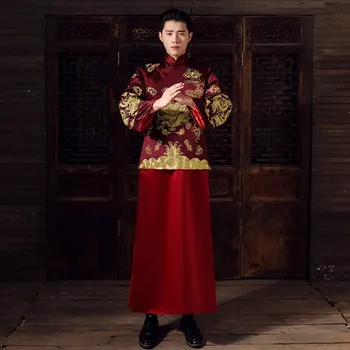 estilo chinês de Casamento mens brinde trajes de Vestido vermelho bordado noivo a noite vestido de quimono noivo jaqueta de tang terno de Roupas