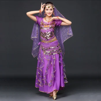 Dia das bruxas Mulheres de Roupa Sari Dança do Ventre Traje Conjunto de Bollywood Dança Indiana Traje (Conjunto de incluir superior, cinto, saia véu)