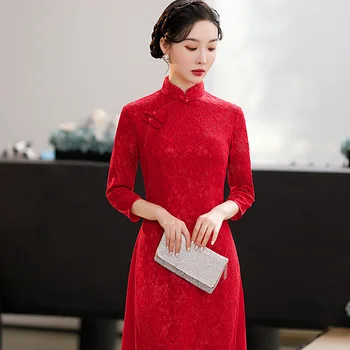 Yourqipao 2023 Outono Vermelho Melhorado Stand Colarinho de Rendas Cheongsam Estilo Chinês Tradicional Casamento Vestido de Noite para as Mulheres Qipao