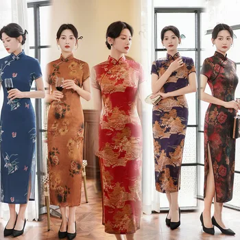 Yourqipao 2023 Verão Cheongsam Saia Longa de Cetim Estilo Chinês Vestido Slim Moda Banquete de Desempenho Passarela Roupas para Mulheres