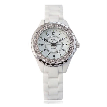 Cristal de luxo Mulheres Relógios de pulso Cerâmicos Brancos Senhora Relógio de Quartzo de Luxo, Mulheres Relógios de Senhoras Relógio de Pulso Feminino Relojes