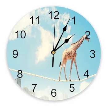 Girafa Animal Bonito Decorativo Redondo Relógio De Parede Algarismos Arábicos, Design Não Tique-Taque Do Relógio Parede Grande Para Quartos De Banho