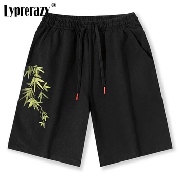 Lyprerazy de Verão Nacional de Maré Folha de Bambu Bordado Shorts Ocasionais dos Homens Soltos Reta de Estilo Chinês, Shorts