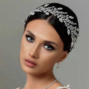 Luxo Zircão de Noiva em Folha Cabeça de Acessórios do Casamento para as Mulheres de Verão de Baile, Princesa Tiara de Cristal Capacete Indiano Jóias