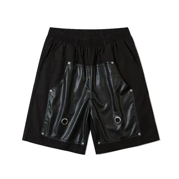 Hip Hop Shorts Moda masculina Casual PU Patchwork Streetwear Calças Curtas, 2022 Verão Cintura Elástica Harajuku Shorts Preto